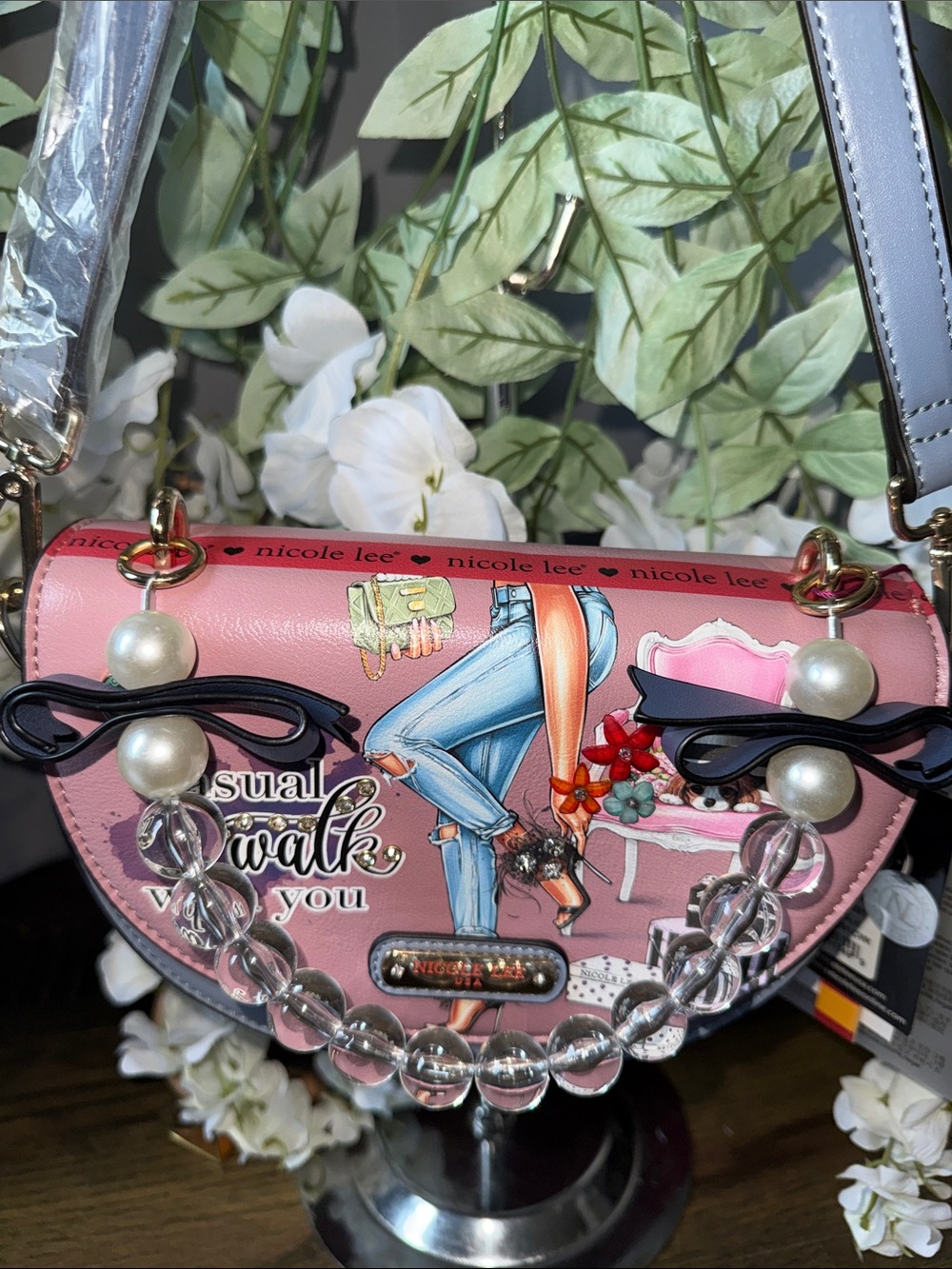 Nicole Lee Pink Decorative Pearl-Accent Mini Crossbody